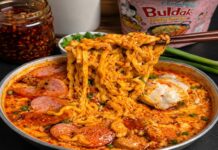 Creamy Cheesy Buldak Noodles with Heart-Shaped Spam